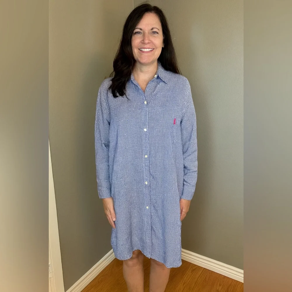 Lauren Ralph Lauren Sleep Shirt Pajamas Blue Gingham Size M - Picture 2 of 11